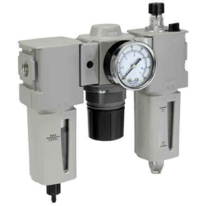Parker Global P32 Compact 3/8"Bspp Filter + Regulator + Lubricator, Manual Drain, Poly Bowl, 5 Micron c/w 0-8Bar Round Gauge & Wall Mounting Brackets