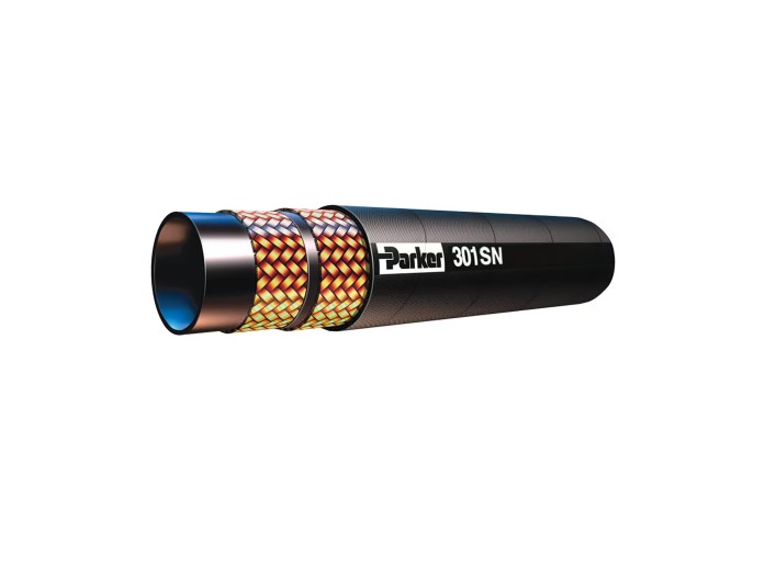Parker 301SN 2 Wire Braided Synthetic Rubber Hose ID 1/4 — Parker's No-Skive Medium Pressure hose 301SN is designed for a working pressure up to 40,0 MPa and a temperatu